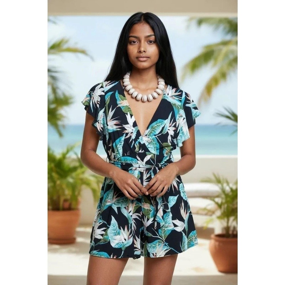 Shein Tropical Floral Tie Waist Sleeveless Halter Romper Womens Medium